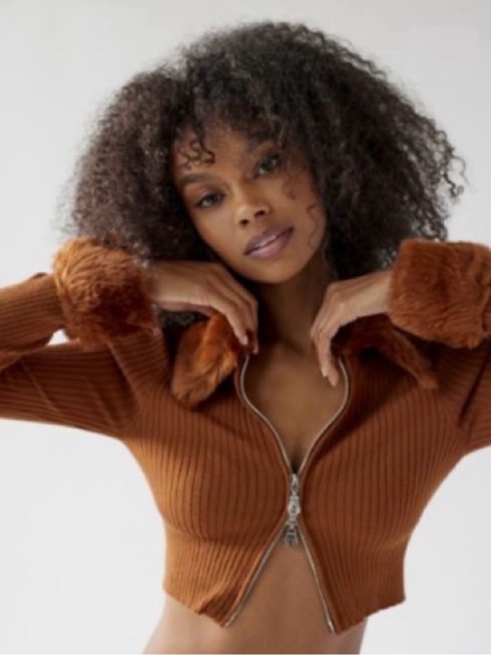 Urban Outfitters Hallie Faux Fur Trim Zip Front Sweater Crop Top in Brown